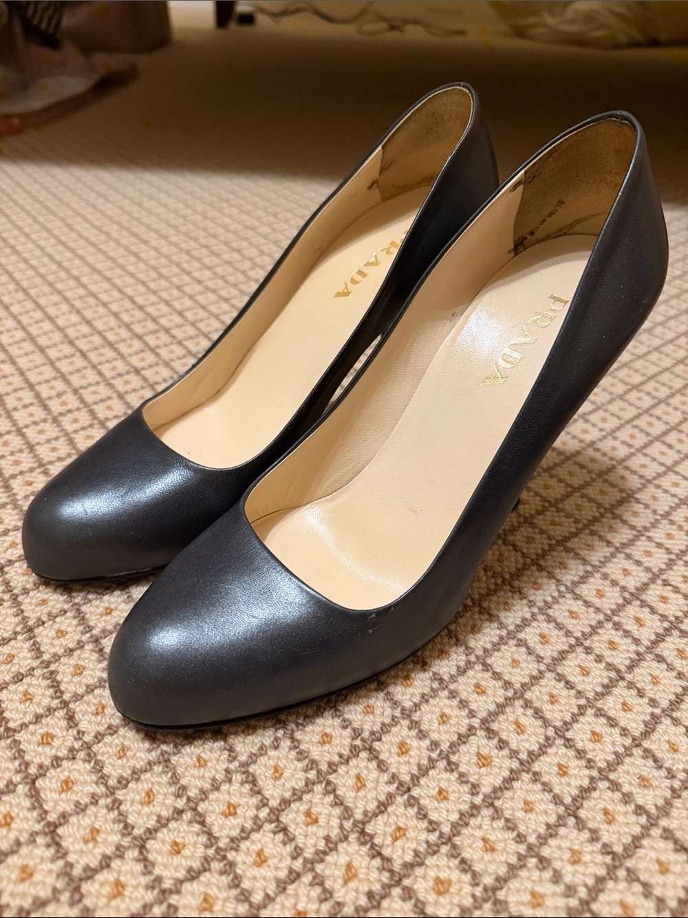 Prada Pewter Leather Round-Toe Pumps with Ivory Insole